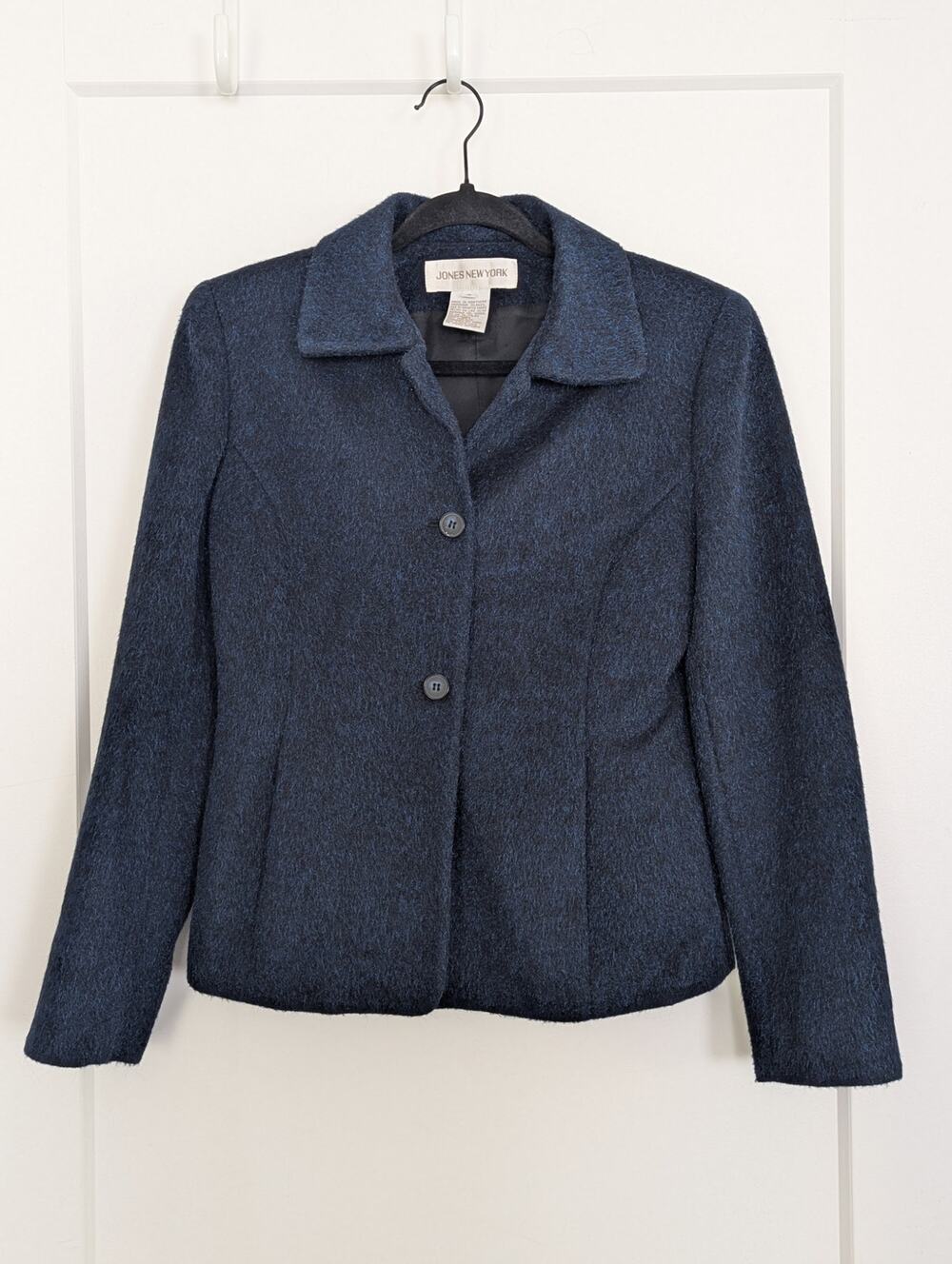 Vtg Jones New York Wool Blend Fuzzy Boucle Blazer Sz 4 Blue Black Mettalic